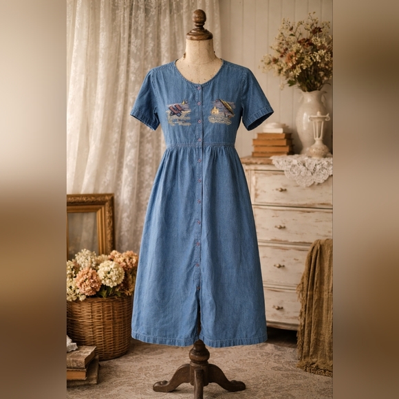 East West Dresses & Skirts - Vintage 90s East West Embroidered Denim Dress | Size M